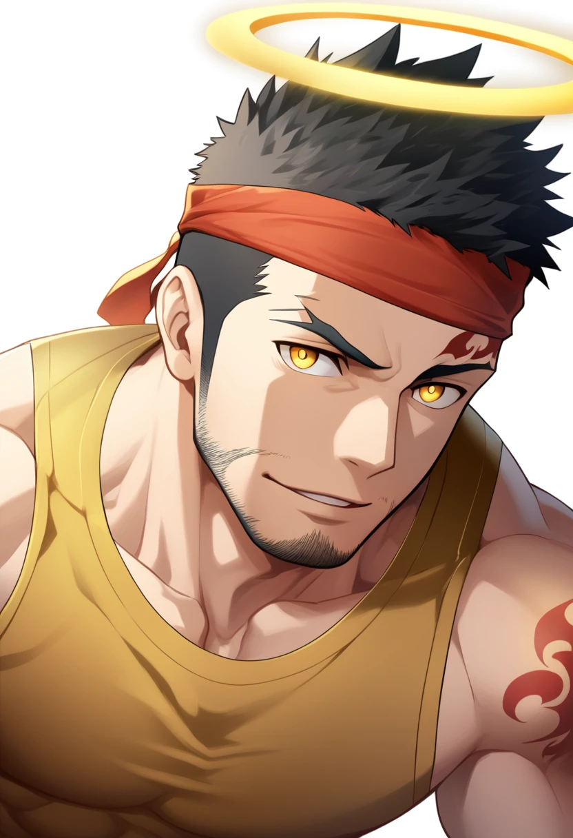 anime characters：Gyee, priapus, 1 young muscular man, male focus, Flame tattoo, sports Red headband, Dark Yellow spandex tight tank top, Very tight, muscular male, muscular, only, Upper body, alone, Black short hair, Thick eyebrows, stubble, Yellow eyes, White background, simple background, amazing quality, best aesthetics, Ridiculous, bright pupils, crew cut, naughty face, torogao, parted lips, halo, god rays, best quality