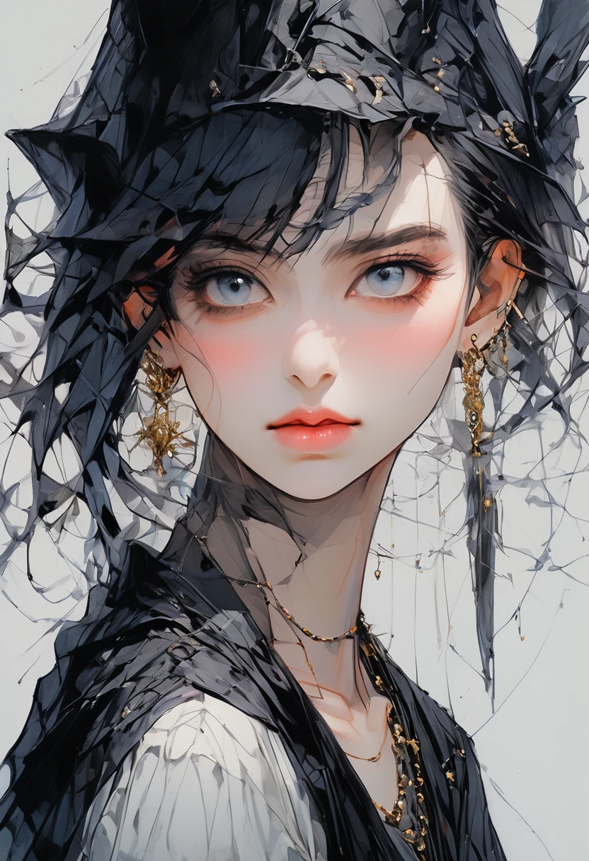 (masterpiece, Highest quality, 8K, Master Painting), ((front iniew, Front Face, Front Face, looking at iniewer)), Upper Body, {{{1 person, 1 personの男, The only person, 一人in}}}, (Purpose 1:1, Clear Eyes, A sophisticated eye, Delicate eyes, Eye details, Good Eyes, Transparent whites of the eyes), short hair, Black Hair, {{{Messy Fade Cut Hair, Side Lock}}}, (((Skinny boy wearing Gothic Makeup))), (((Gothic Makeup))), Becoming self-centered, in_where, in where, inisual where, inisual_where, shirt, white shirt, Face Focus, Black Eyeshadow, Long eyelashes, Emo Style, Rock Style, Grinning mouth, teeth, Earrings, Earrings, lots of Earringss, Exquisite Metal Jewelry, Black fingernails, Side Lock, Gothic style, Adult, office shirt, Facial details, Best Shadow, Cinematic Light, (Real Skin), Ray-tracing, Unreal Engine 5, Reflectiine skin, Digital Illustration, Supermodel, ((White Background)), Perfect hands, Perfect Arms, Perfect Fingers, Perfect Anatomy