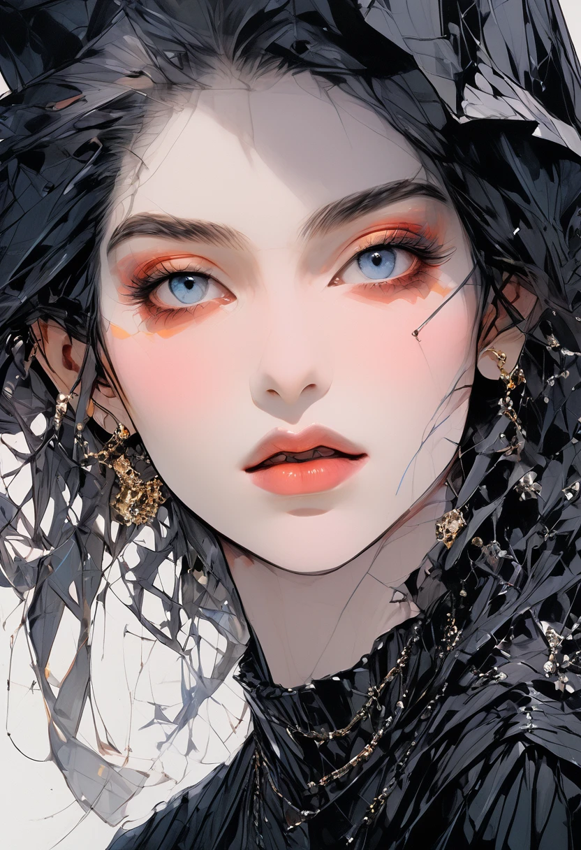 (masterpiece, Highest quality, 8K, Master Painting), ((front iniew, Front Face, Front Face, looking at iniewer)), Upper Body, {{{1 person, 1 personの男, The only person, 一人in}}}, (Purpose 1:1, Clear Eyes, A sophisticated eye, Delicate eyes, Eye details, Good Eyes, Transparent whites of the eyes), short hair, Black Hair, {{{Messy Fade Cut Hair, Side Lock}}}, (((Skinny boy wearing Gothic Makeup))), (((Gothic Makeup))), Becoming self-centered, in_where, in where, inisual where, inisual_where, shirt, white shirt, Face Focus, Black Eyeshadow, Long eyelashes, Emo Style, Rock Style, Grinning mouth, teeth, Earrings, Earrings, lots of Earringss, Exquisite Metal Jewelry, Black fingernails, Side Lock, Gothic style, Adult, office shirt, Facial details, Best Shadow, Cinematic Light, (Real Skin), Ray-tracing, Unreal Engine 5, Reflectiine skin, Digital Illustration, Supermodel, ((White Background)), Perfect hands, Perfect Arms, Perfect Fingers, Perfect Anatomy