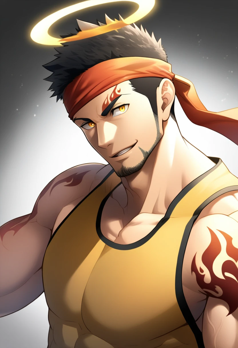 anime characters:Gyee, priapus, 1 young muscular man, male focus, Flame tattoo, sports Red headband, Dark Yellow spandex tight tank top, Very tight, muscular male, muscular, only, Upper body, alone, Black short hair, Thick eyebrows, stubble, Yellow eyes, White background, simple background, amazing quality, best aesthetics, Ridiculous, bright pupils, crew cut, naughty face, torogao, parted lips, halo, god rays, best quality
