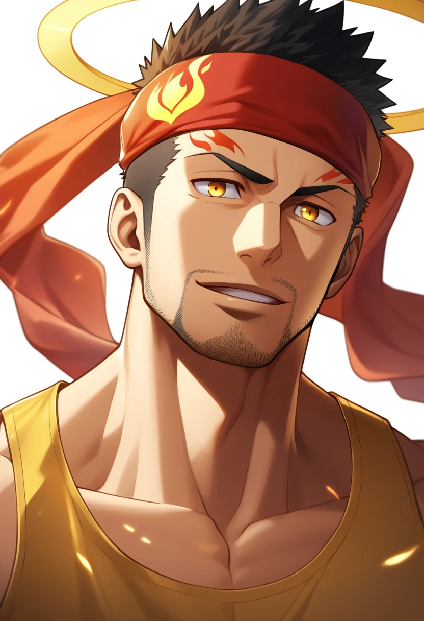 anime characters:Gyee, priapus, ung muscular man, male focus, Flame tattoo, sports Red headband, Dark Yellow spandex tight tank top, Very tight, muscular male, muscular, only, Upper body, alone, Black short hair, Thick eyebrows, stubble, Yellow eyes, White background, simple background, amazing quality, best aesthetics, Ridiculous, bright pupils, crew cut, naughty face, torogao, parted lips, halo, god rays, best quality