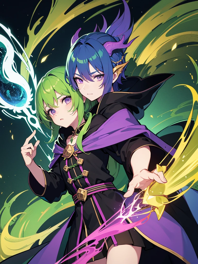 Dragon man, mage, green hair, dark fantasy, detailed green and black cosmic robe, cosmic staff, pet dragon, purple eyes