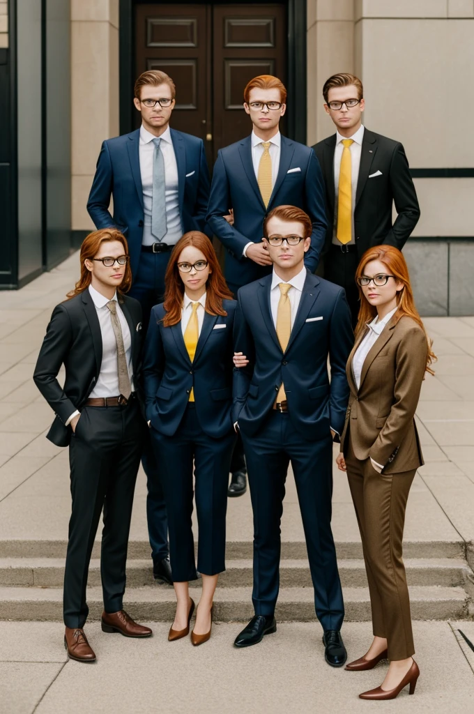 Pose of 4 people shooting 1 man with a suit and glasses , a yellow hair girl with a suit and glasses, another brunette girl with reddish hair in a suit and glasses and another white girl with brown hair in a suit and glasses