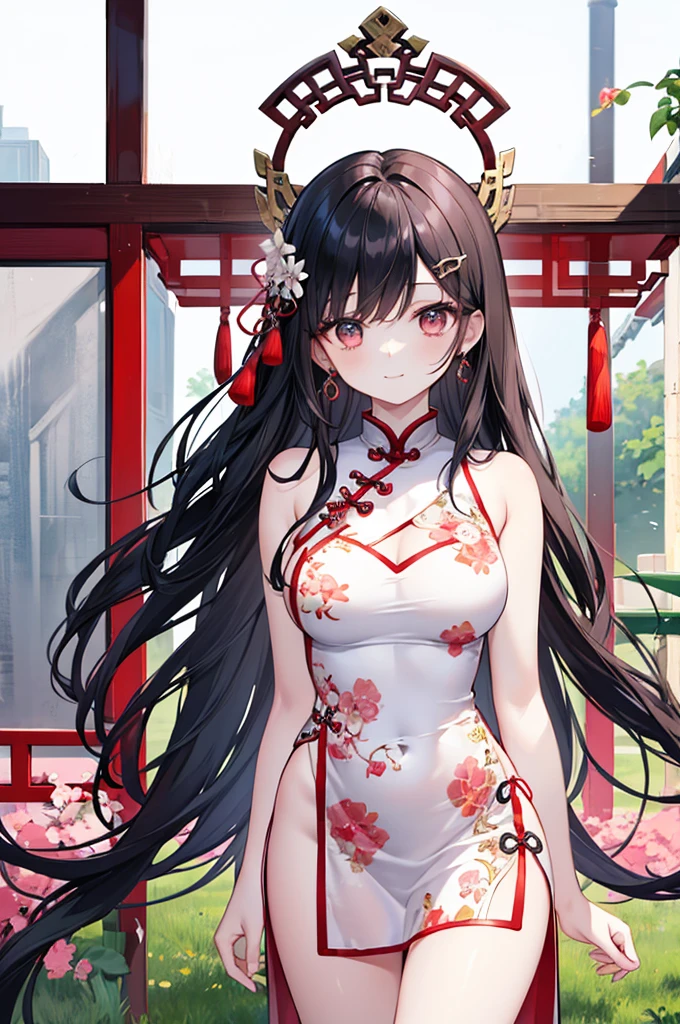 Beautiful Chinese girl,Wearing a white tube top dress,(transparent),Black long hair,watcher,Upper Body,Standing on the grass,Lovely,A slight smile on the face,Large bust,(Slim legs:10.0),Peerless Beauty,Wearing Chinese ancient jade hairpin jewelry,Red leg