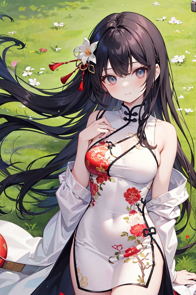 Beautiful Chinese girl,Wearing a white tube top dress,(transparent),Black long hair,watcher,Upper Body,Standing on the grass,Lovely,A slight smile on the face,Large bust,(Slim legs:10.0),Peerless Beauty,Wearing Chinese ancient jade hairpin jewelry,Red leg