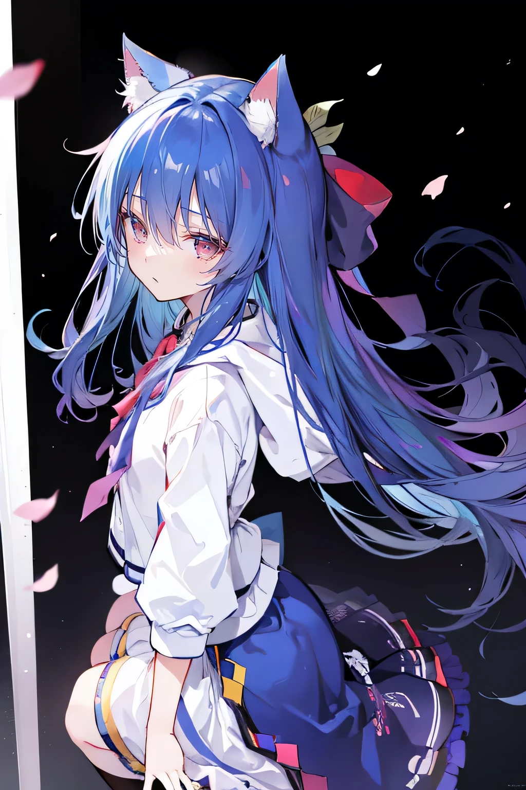 （masterpiece：1.2），Super detailed，lifelike，Expressive eyes，fair skin，perfect face shape，1 girl，
Japanese comics,Gorgeous blue hair,flowing blue hair,flowing clothes,Cat ears,Petals fall,beautiful lola,Baby Angel,
Shaking head with one hand，Cross your legs，Gentle and peaceful background，The pavilion is cool and comfortable,smile, wearing hoodie, background of tokyo,back views,snowing, winter,Angel wings，The world is open，shameful expression、Upper Body、close up、coat、skirt