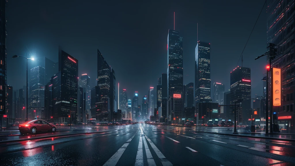 photorealistic detailed cityscape, unmanned crossroads, ((no car, no peaple:1.5)), urban landscape, tall skyscrapers, neon lights, rainy weather, wet streets,, night sky, full moon, one bright star, cinematic composition, dramatic lighting, highly realistic, 4k, best quality, masterpiece