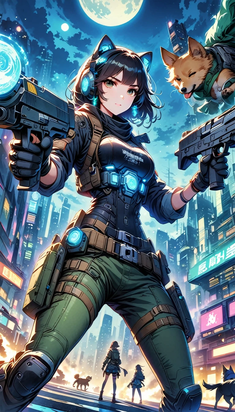 mecha girl,under the white moonlight,pet the dog gently,Very high resolution,game CG,in cyberpunk city,moon,night