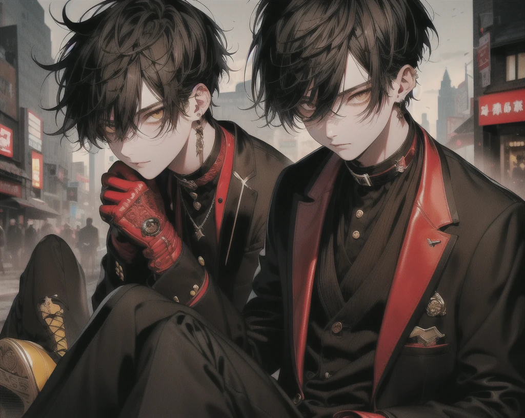 (masterpiece), (best quality), (expressive eyes), (perfect face), (Man), (brown hair), ((slightly messy hair)), (((short hair))), (yellow eyes), sly smile, ((red tuxedo)), (Black long-legged suit), (black gloves), (dark brown leather shoes), (((handsome guy))), ((sly look confident)), outdoors city, (super highly detailed)