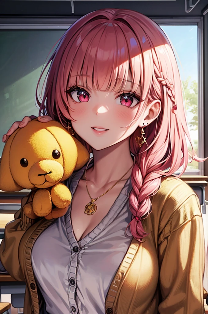 (((anime))), ((anime)), (Gal), Medium Hair, (Braid:1.3), (Blunt bangs:1.2),Two-tone hair, Blonde, (Pink Hair), Round face, Red eyes, (Droopy eyes), (((puppet))),Pink Lip,Earrings,necklace,[Dark Skin], A light smile, ((((cute)))), beautiful, 1 Girl, alone, (cardigan:1.4), [Cleavage cutout],peace sign,beautiful background,(classroom:1.5),evening,sunlight,Backlight,masterpiece,Highest quality,Exquisite,8K,Absurd,Ultra-fine illustrations,(View your viewers)