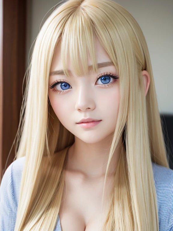 究極のBeautiful Face、Bright expression、Small Face Beauty、((Super long silky blonde hair that shines in gold))、Hair Play、Long bangs on the face,、16 year old adorable beautiful girl、White beautiful skin、Glowing Skin、Cheek gloss、Gloss Face、Very bright pale marine blue eyes、Big eyes、Round face、Beautiful Face、Very beautiful and big breasts、