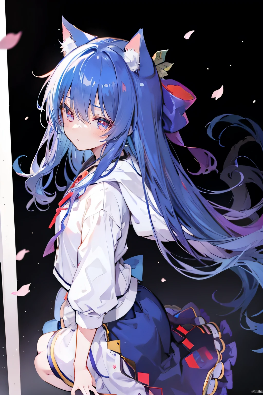 (masterpiece:1.2),Super detailed,lifelike,Expressive eyes,fair skin,perfect face shape,1 girl,
Japanese comics,Gorgeous blue hair,flowing blue hair,flowing clothes,Cat ears,Petals fall,beautiful lola,Baby Angel,
Shaking head with one hand,Cross your legs,Gentle and peaceful background,The pavilion is cool and comfortable,smile, wearing hoodie, background of tokyo,back views,snowing, winter,Angel wings,The world is open,shameful expression、Upper Body、close up、coat、skirt
