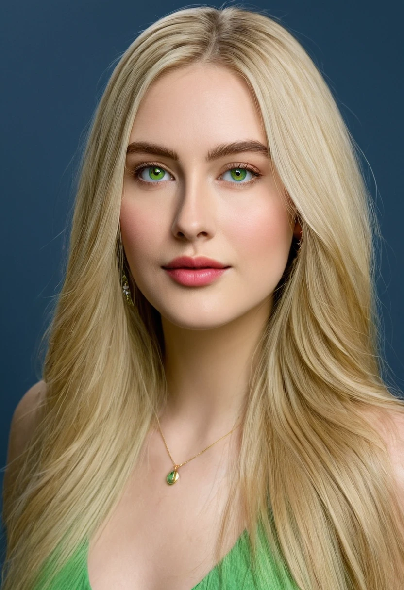 Create me a 23 year old woman with long blonde hair, green almond shaped eyes, with a perfect nose and earrings, she is 1m68 tall and weighs 55 kilos qui est nue
 art: 1.2, meilleure qualité), 8k, Réel