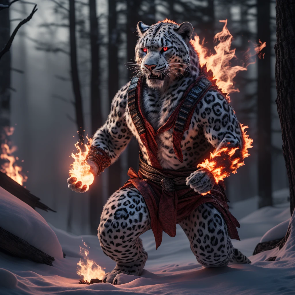 (best quality,16k,32k,highres,masterpiece:1.2),ultra-detailed,(realistic,photorealistic,photo-realistic:1.37),(The ultimate Orochi snow Leopard) glowing red eyes realistic fire background of totally destroyed Forest alone looking at the camera serious expression.