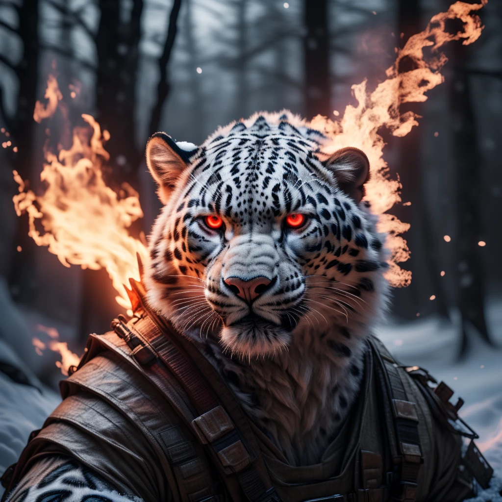 (best quality,16k,32k,highres,masterpiece:1.2),ultra-detailed,(realistic,photorealistic,photo-realistic:1.37),(The ultimate Orochi snow Leopard) glowing red eyes realistic fire background of totally destroyed Forest alone looking at the camera serious expression.
