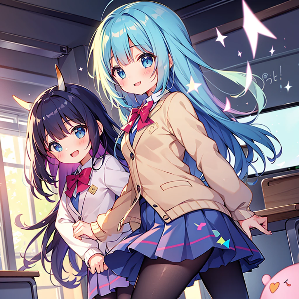 middle School girls，smile，Best Quality，Uniform of the Future，Colorful eyes，Several girls are depicted，cute制服，blazer，cardigan，8K，Highest quality，Long Hair，cute，fluffy，Angel，Long Hair，blue eyes，School，classroom，perfection，masterpiece，Have sparkling eyes，tights，Horny girl，Naughty Girls，美しいcute女の子，Horny girl，Beautiful girl，Multi-colored hair，Latest Fashion， girl，
