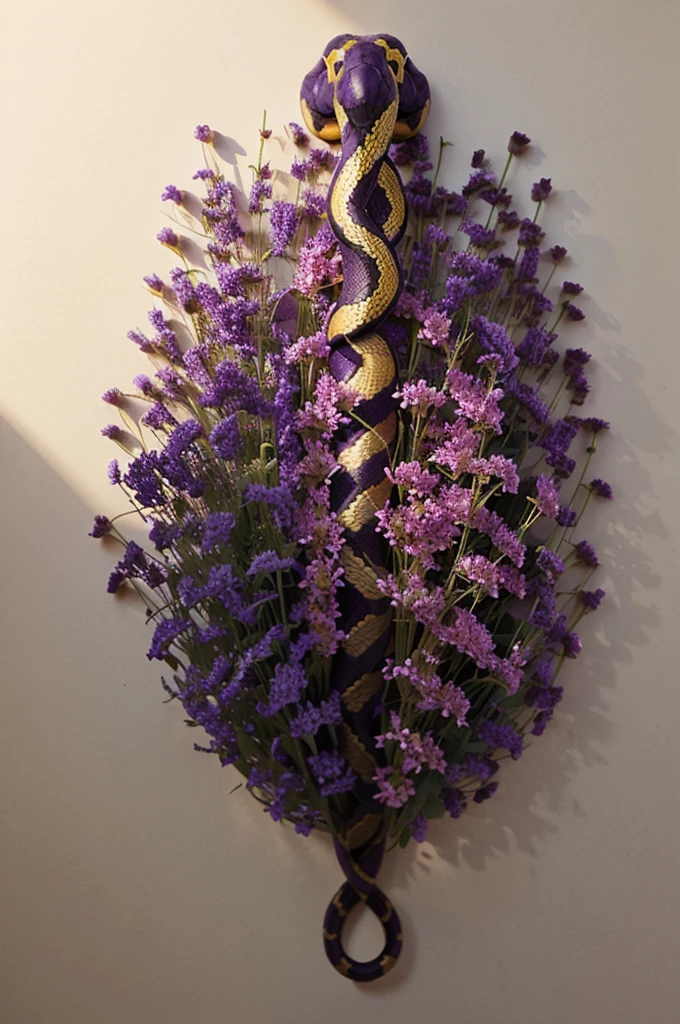 Snake entwined with purple and gold flowers, realistic masterpiece