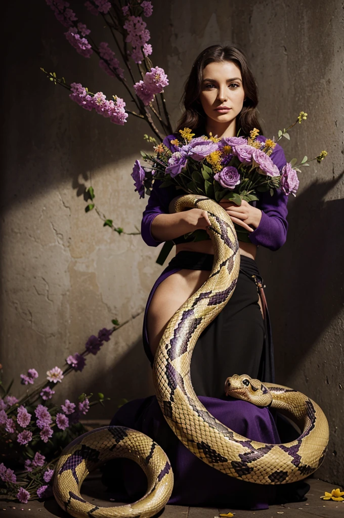 Snake entwined with purple and gold flowers, realistic masterpiece 