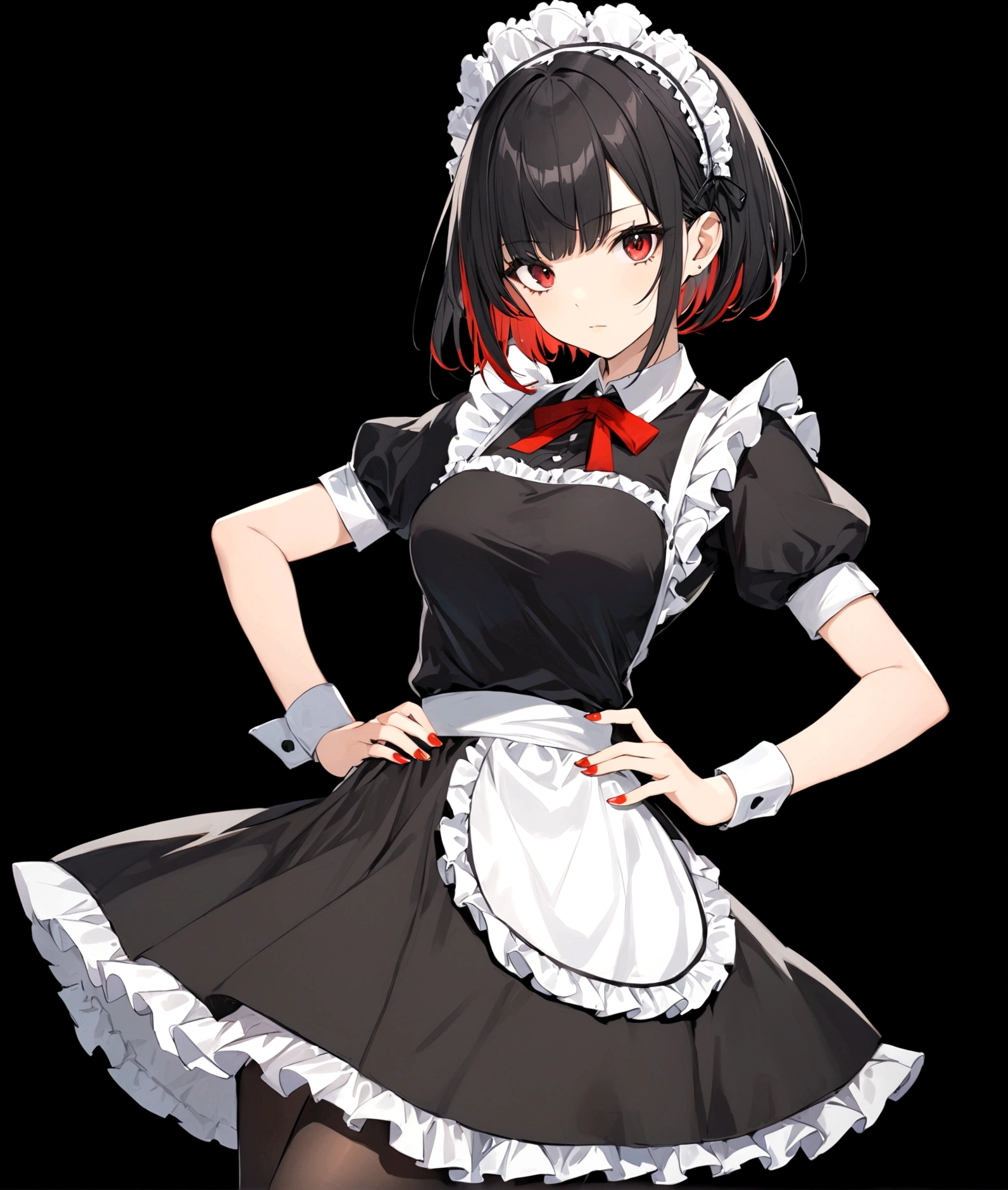 1girl, solo, breasts, looking at viewer, short hair, bangs, simple background, black hair, red eyes, dress, medium breasts, closed mouth, weapon, short sleeves, pantyhose, multicolored hair, frills, puffy sleeves, belt, nail polish, apron, black dress, puffy short sleeves, hand on hip, wrist cuffs, maid, maid headdress, black background, red nails, maid apron, cropped legs