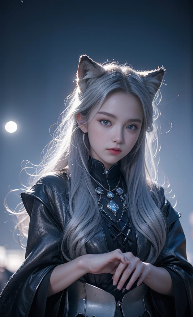 Beautiful and perfect 8k ultra high definition professional photos, Focus, In a stunning fantasy world, 20-year-old cute silver-haired girl,The hands are beautiful,( (A girl and a mysterious giant wolf)), , In the moonlight of the night,Gloomy eyes