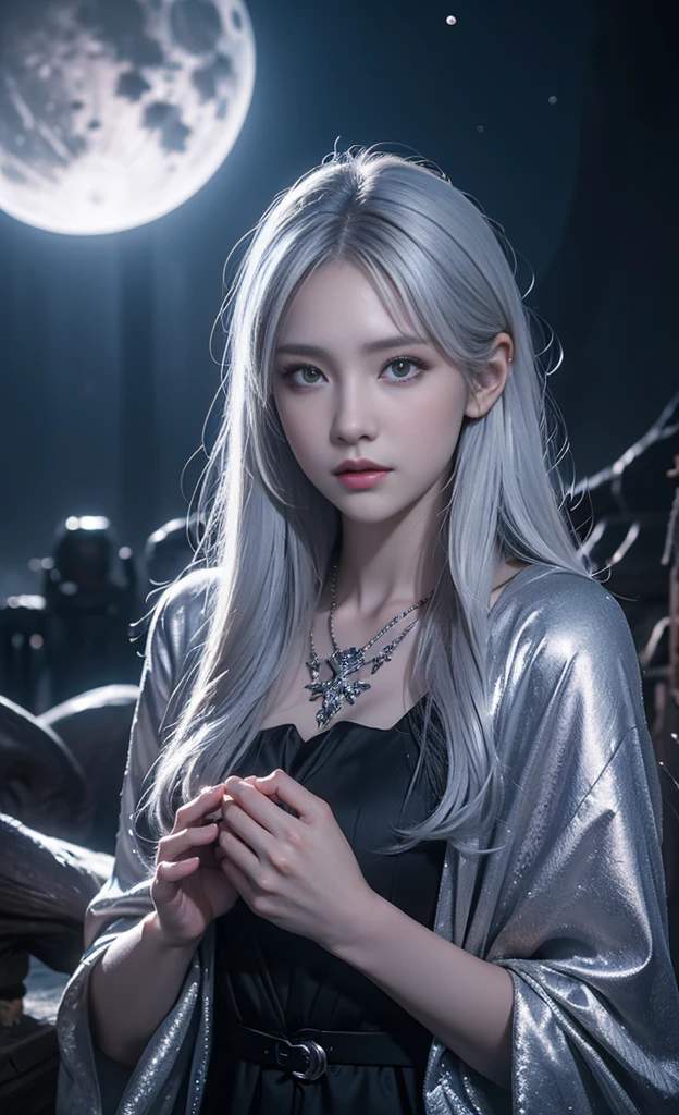 Beautiful and perfect 8k ultra high definition professional photos, Focus, In a stunning fantasy world, 20-year-old cute silver-haired girl,The hands are beautiful,( (A girl and a mysterious giant wolf)), , In the moonlight of the night,Gloomy eyes