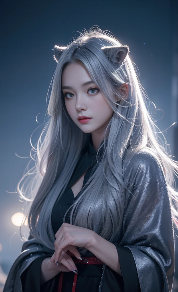 Beautiful and perfect 8k ultra high definition professional photos, Focus, In a stunning fantasy world, 20-year-old cute silver-haired girl，The hands are beautiful,( (A girl and a mysterious giant wolf)), , In the moonlight of the night，Gloomy eyes