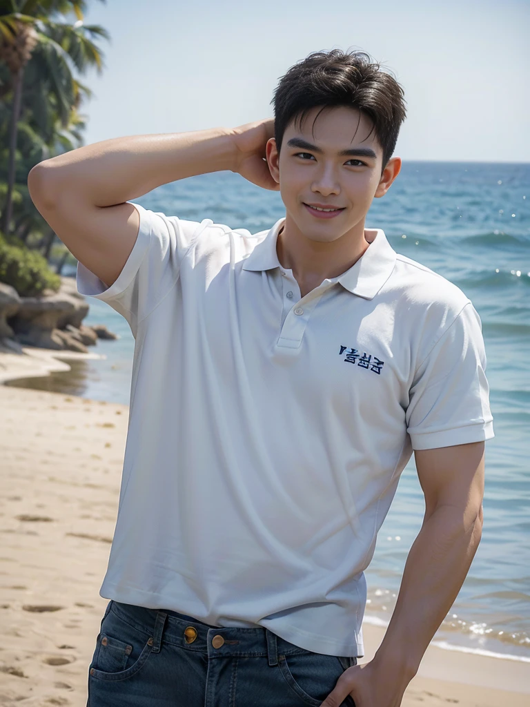 (Masterpiece: 1.2),(CGI art:1.3),(realistic:1.5),(post processing:1.3), (sharp focus:1.3), 1 person, smile, (White Polo Shirt), (jeans), Korean guy , korean men, (High gloss details), chest muscles, Big arm muscles, blood vessel, big muscles, shoulder, looking at the audience, Balancing the eyes, By the sea, beach, sunlight, Run towards the camera....