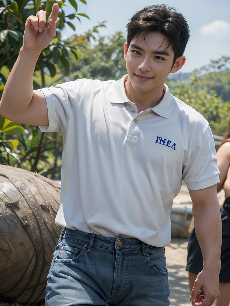 (Masterpiece: 1.2),(CGI art:1.3),(realistic:1.5),(post processing:1.3), (sharp focus:1.3), 1 person, smile, (White Polo Shirt), (jeans), Korean guy , korean men, (High gloss details), chest muscles, Big arm muscles, blood vessel, big muscles, shoulder, looking at the audience, Balancing the eyes, By the sea, beach, sunlight, Run towards the camera....