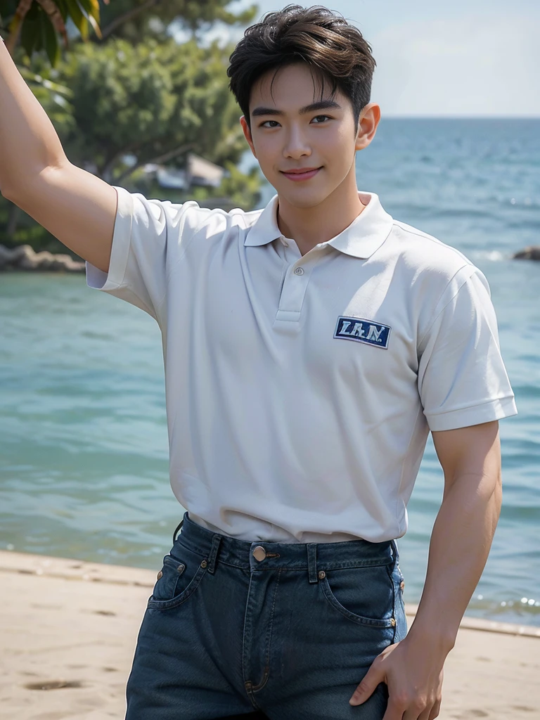(Masterpiece: 1.2),(CGI art:1.3),(realistic:1.5),(post processing:1.3), (sharp focus:1.3), 1 person, smile, (White Polo Shirt), (jeans), Korean guy , korean men, (High gloss details), chest muscles, Big arm muscles, blood vessel, big muscles, shoulder, looking at the audience, Balancing the eyes, By the sea, beach, sunlight, Run towards the camera....