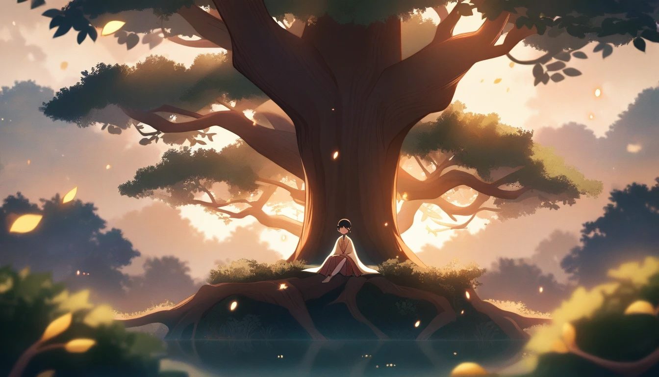 Illustrate a character in a moment of quiet reflection, sitting under a large, ancient tree with roots and branches forming intricate, protective patterns around them. The character's expression is calm but determined, with a soft glow around their heart, symbolizing inner strength and divine belief. The scene is peaceful, with warm, gentle light filtering through the leaves..Anime Style,hd