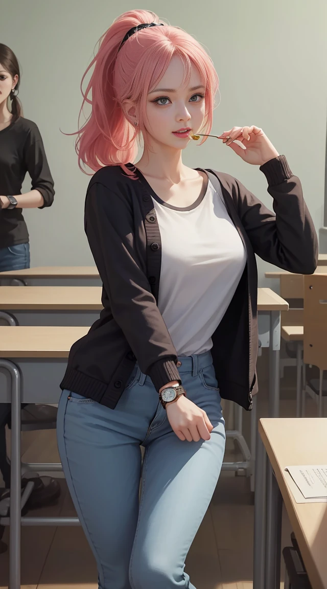 ((masterpiece, Best Quality, high resolution, Perfect Pixel, 8K))), ((1 girl、full body seen))、 ((Bangs、gorgeous pink hairs、ponytail、Rebecca from onepiece anime))、((Gorgeous eyes、Beautiful eyelashes、Realistic eyes))、 ((Detailed face, Blushing:1.2))、((Smooth texture:0.75, Realistic texture:0.65, Photorealistic:1.1))、Dynamic Angle、Perfect body、(perfectly insanely detailed eyes、Hands raising up、playing with hairs、pink cheeks、((wearing a white shirt、black cardigan、long jeans、handbag、wearing a watch、earrings、in classroom、University blackboard、happy face、eating candy))、ultra realistic eyes、ultra insanely detailed eyes、talking to audience、beautiful heels、(beautiful portrait、very High quality、ultra high definition、 insanely detailed face、ultra high quality、ultra high clarity、best quality)、insanely detailed dress、curvy body、white skin、best clarity、ultra highest resolution、8k resolution、beautiful smile、beautiful eyelashes、beautiful face、gorgeous representation of a face、perfect body、((full body posture))、erotic look on face、dynamic lightning、(innocent_big_eyes:1.0)、Bright_Front_face_Lighting、shiny skin、bokeh:1.2、Full body shot、professional photograph、textured leather, multiple man, surrounded by men, men checking out women at school , surrounded by multiple men at school, horny men, men groping woman