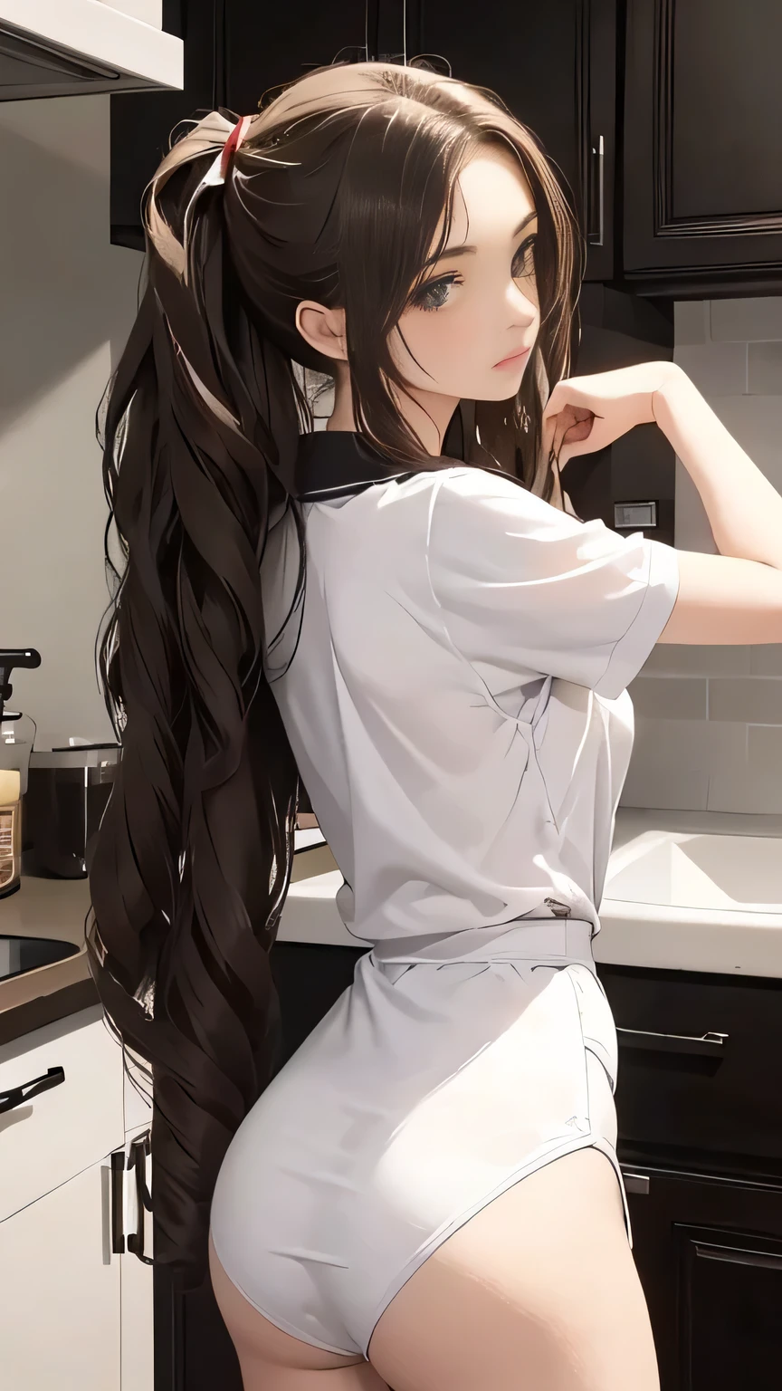 masterpiece, best quality, a sexy woman with a beautiful hips in the kitchen posing by a sink, 1 Girl, sink, yes, naked yes, Solitary, Polo Shirt, Bottomless, No, indoors, Long hair,