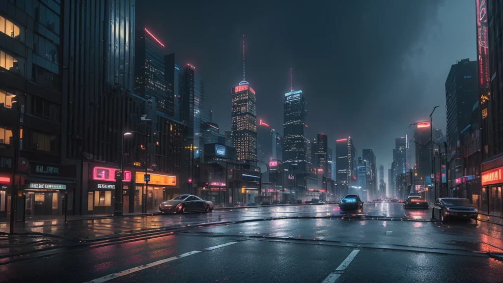 photorealistic detailed cityscape, unmanned crossroads, (no car:1.8, no peaple:1.8), urban landscape, tall skyscrapers, neon lights, rainy weather, wet streets,, night sky, full moon, one bright star, cinematic composition, dramatic lighting, highly realistic, 4k, best quality, masterpiece