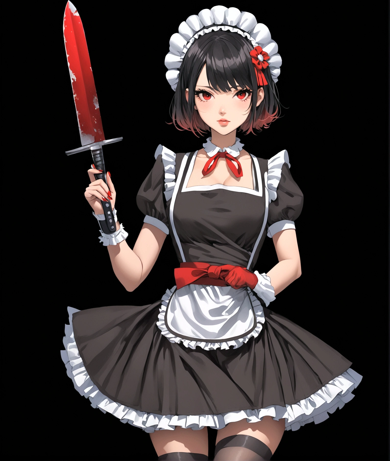 1girl, solo, breasts, looking at viewer, short hair, bangs, simple background, black hair, red eyes, dress, medium breasts, closed mouth, weapon, short sleeves, pantyhose, multicolored hair, frills, puffy sleeves, belt, nail polish, apron, black dress, puffy short sleeves, hand on hip, wrist cuffs, maid, maid headdress, black background, red nails, maid apron, cropped legs