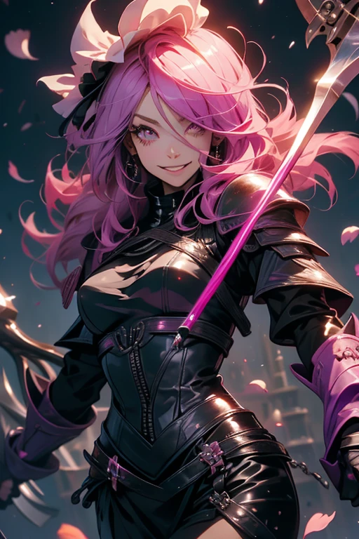 A pink haired reaper with violet eyes with an hourglass figure in leather armor is spinning her scythe in a flurry of peony petals with a big smile
