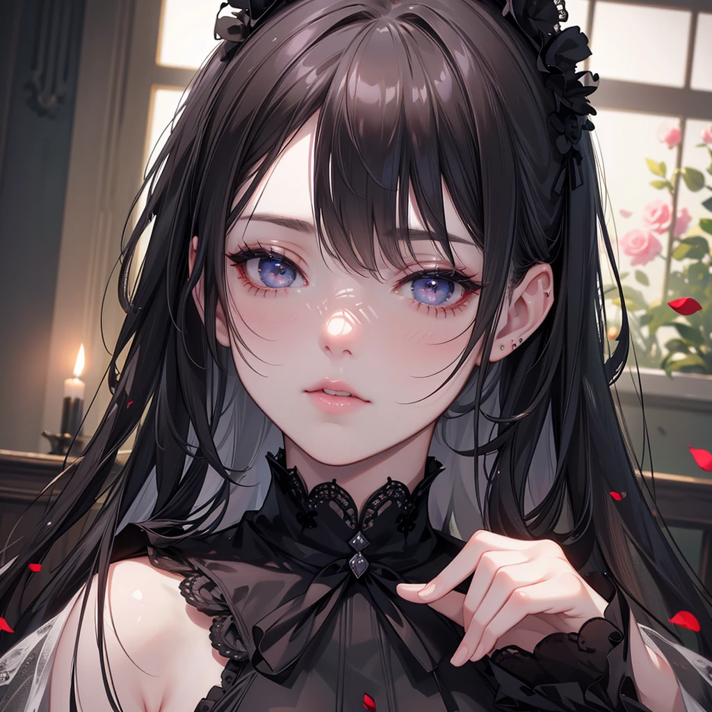 A dark-haired girl in a gothic lolita dress, intricate lace details, porcelain skin, piercing gaze, dramatic makeup, rose petals, candlelight, moody atmosphere, (best quality,4k,8k,highres,masterpiece:1.2),ultra-detailed,(realistic,photorealistic,photo-realistic:1.37),cinematic lighting,dramatic shadows,dark fantasy,moodygothic,dramatic chiaroscuro