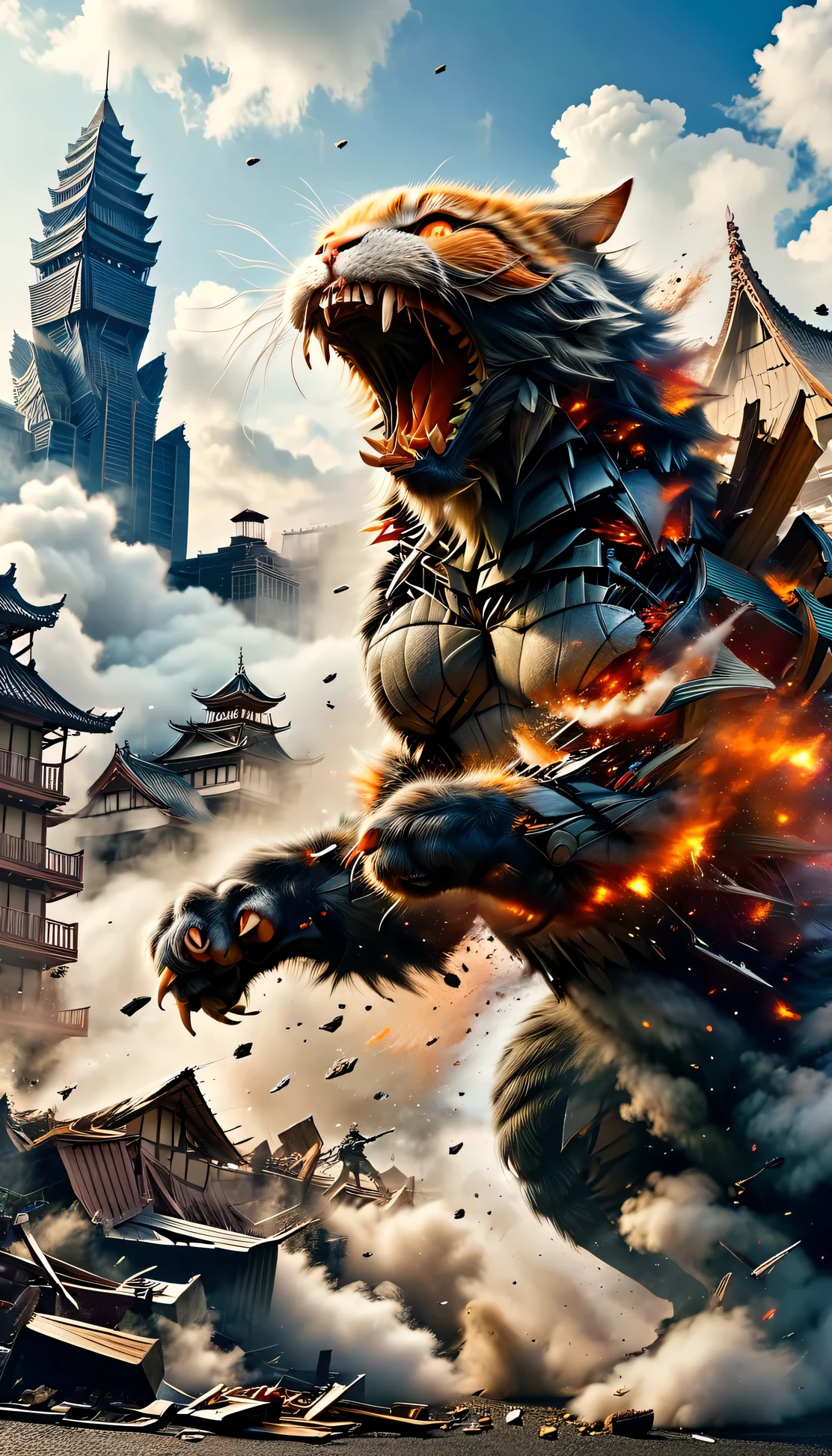 A giant cat like Godzilla is destroying the city。The giant cat is roaring。Smoke is in the background。