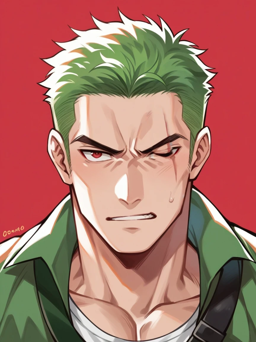 one eye squinted, showcasing his trademark scar over his left eye