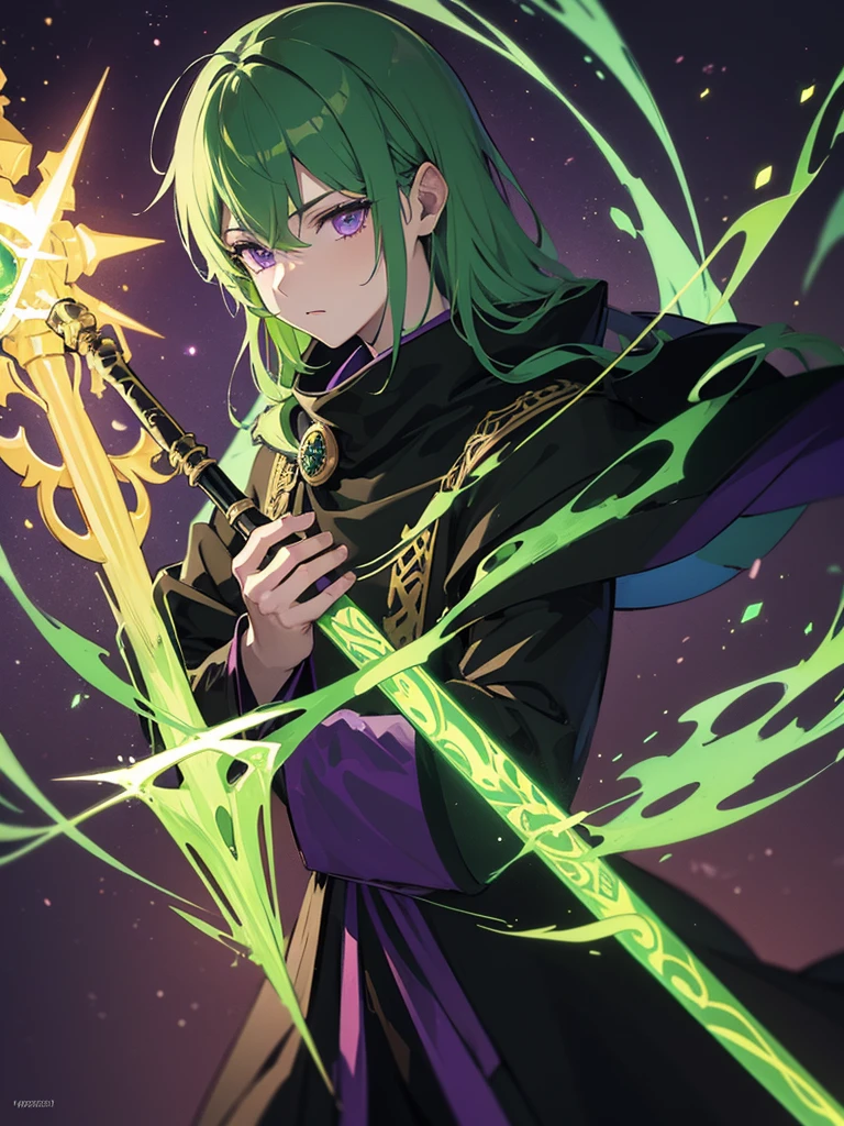 Man, mage, green hair, dark fantasy, detailed green and black cosmic robe, cosmic staff, pet dragon, purple eyes