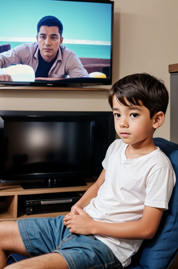 Dad son sit together watching tv