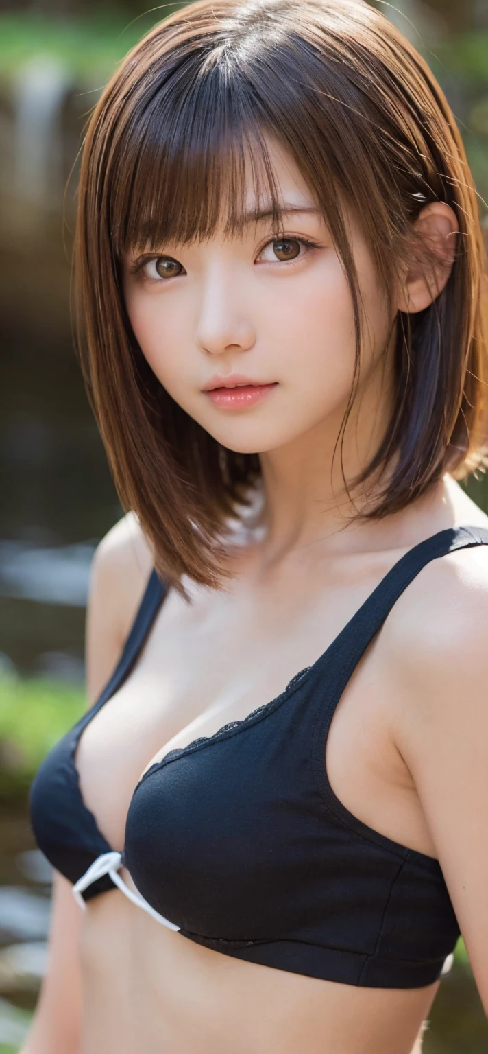 one girl, (a beauty girl, delicate girl:1.3), (:1.3),
BREAK,  (シャツ:1.2),
BREAK, (Small waterfall　background:1.2),
BREAK, very fine eyes, (symmetrical eyes:1.3),
BREAK, (big breasts:1.1), brown eyes, parted bangs, brown bobcut hair, round face, kawaii,
BREAK, (eyes and faces with detailed:1.0),
BREAK, (masterpiece, best quality, ultra detailed, detailed face, 8K)