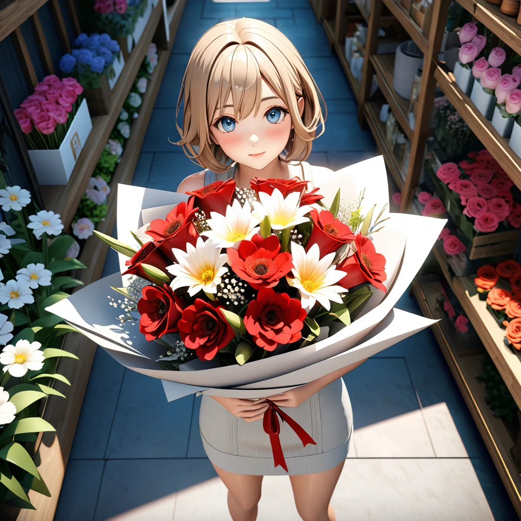 (Handing over wrapped bouquets to viewers:1.5)、Attractive woman with beautiful legs。Clothing is the same all over the world々Dresasterpiece、Highest quality、High resolution、Super detailed、 (Super detailed肌: 1.3) 、 (Super detailed髪: 1.3) 、 (Perfect Anatomy: 1.5) 、 (Perfect Anatomy: 1.5) 、 (Beautiful Eyes、Five fingers: 1.3) 、 (Highly detailed face and skin texture:1.3) 、(Clear Detail)、 {Background Blur: 1.3} 、(Perfect lighting)、High-definition CG、Unity 8k wallpaper、Official Art、(Whole body composition: 1.22)、(Character Focus: 1.22)、(blush: 1.22)、(Looking up: 1.22)、3D Rendering、Conceptual Art、sharp sketch、BREAK ((aiming at viewer)), Background in front of a flower shop, Blowing in the wind