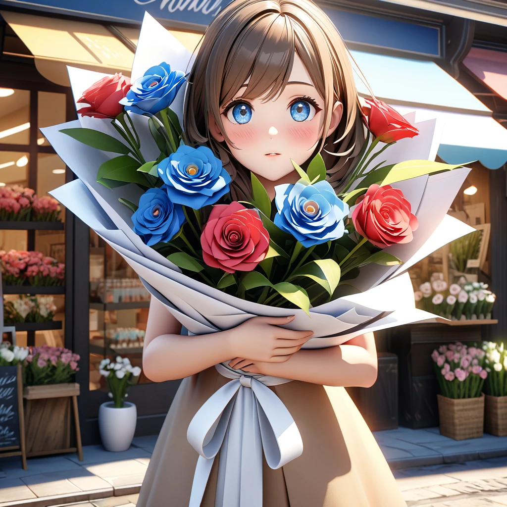(Handing over wrapped bouquets to viewers:1.5)、Attractive woman with beautiful legs。Clothing is the same all over the world々Dresasterpiece、Highest quality、High resolution、Super detailed、 (Super detailed肌: 1.3) 、 (Super detailed髪: 1.3) 、 (Perfect Anatomy: 1.5) 、 (Perfect Anatomy: 1.5) 、 (Beautiful Eyes、Five fingers: 1.3) 、 (Highly detailed face and skin texture:1.3) 、(Clear Detail)、 {Background Blur: 1.3} 、(Perfect lighting)、High-definition CG、Unity 8k wallpaper、Official Art、(Whole body composition: 1.22)、(Character Focus: 1.22)、(blush: 1.22)、(Looking up: 1.22)、3D Rendering、Conceptual Art、sharp sketch、BREAK ((aiming at viewer)), Background in front of a flower shop, Blowing in the wind