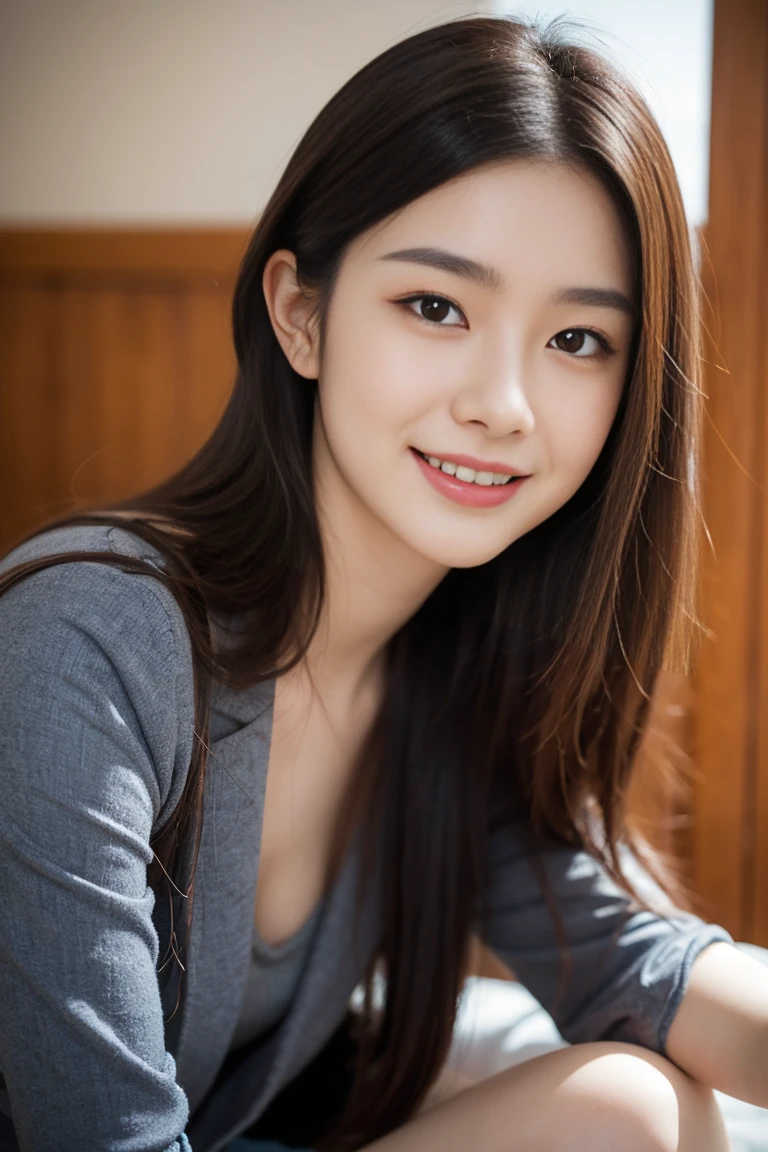 a close up of a woman in a  posing for a picture, superflat, a stock photo, inspired by Wang Yuanqi, japanese girl , japanese , smiling girl, teenage female , realistic