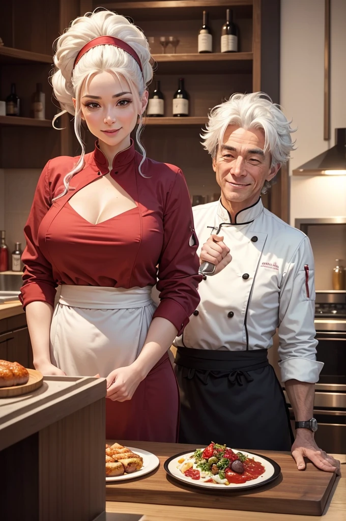 A wide high definition scene in a kitchen of a large restaurant with a beautiful chef and restaurant owner and famous sommelier happy preparing her special dishes with wonderful red wines, wearing his chef uniform on his perfect body in his 50s and white hair in a beautiful smile while working intensely
