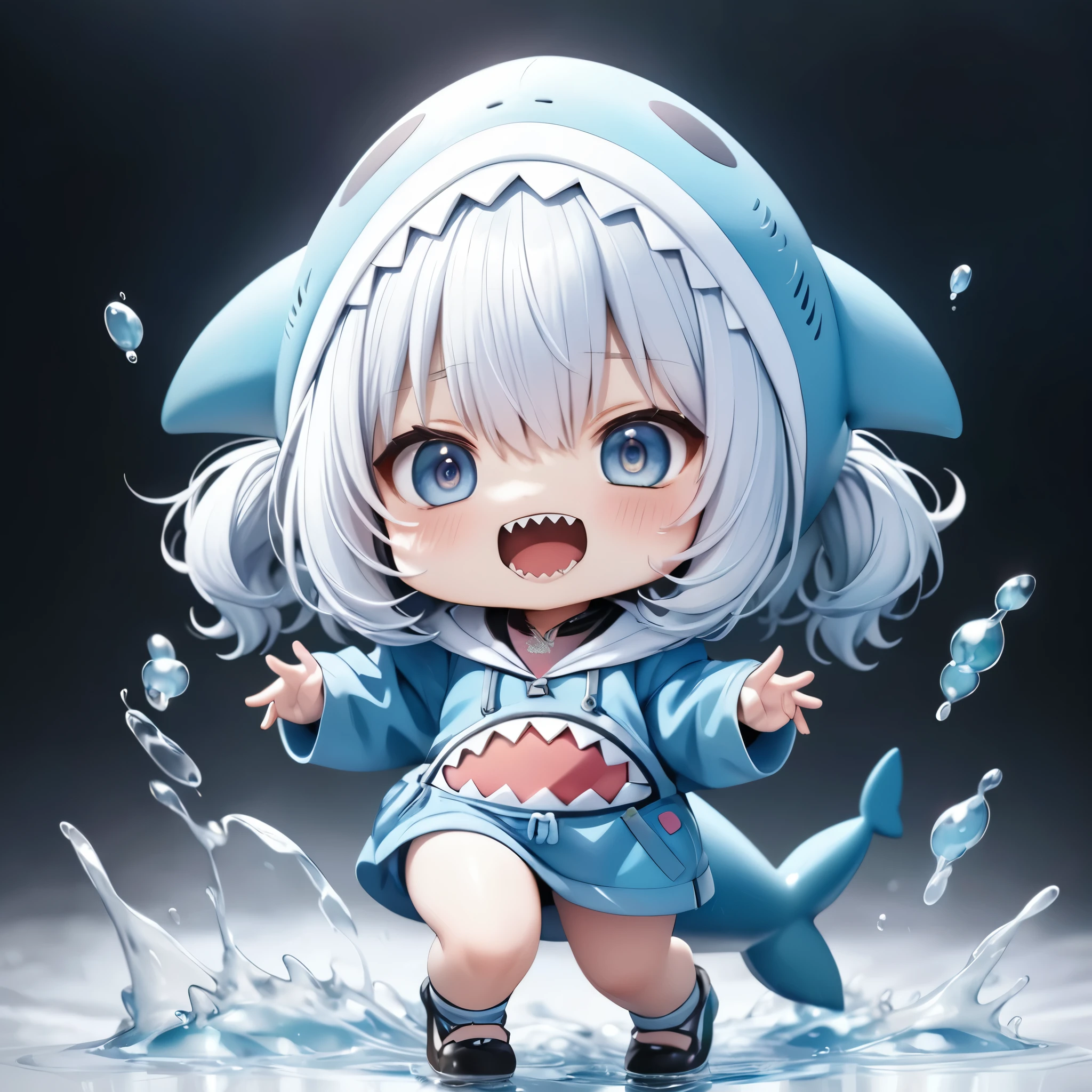 anime girl with shark teeth and blue dress in water, water color nendoroid, render of a cute 3d anime girl, advanced digital chibi art, style as nendoroid, cute detailed digital art, splash art anime , cute 3 d render, nendoroid, nendoroid 3 d, nyaruko-san, anime girl walking on water