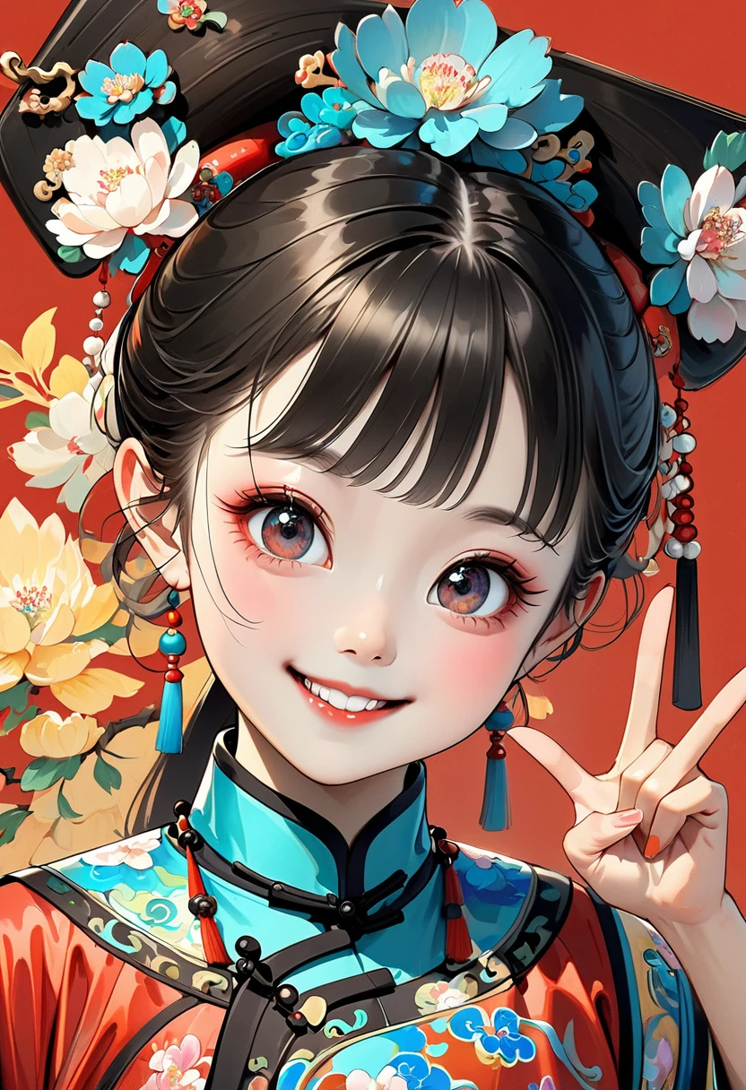 Fine brushwork,Thick coating of the board,Colored pencils,Procreate board drawing beautiful digital art,Clean lines,Beautiful Chinese Qing Dynasty little girl,Big bright eyes,Exquisite facial features,Smile,happy,Qing Dynasty Clothing,(((V gesture))).Bright colors,High Saturation,Red background