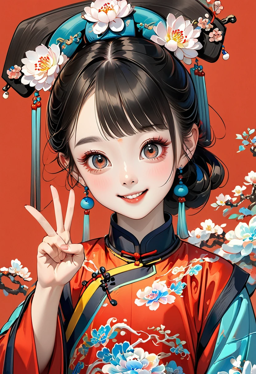 Fine brushwork,Thick coating of the board,Colored pencils,Procreate board drawing beautiful digital art,Clean lines,Beautiful Chinese Qing Dynasty little girl,Big bright eyes,Exquisite facial features,Smile,happy,Qing Dynasty Clothing,(((V gesture))).Bright colors,High Saturation,Red background