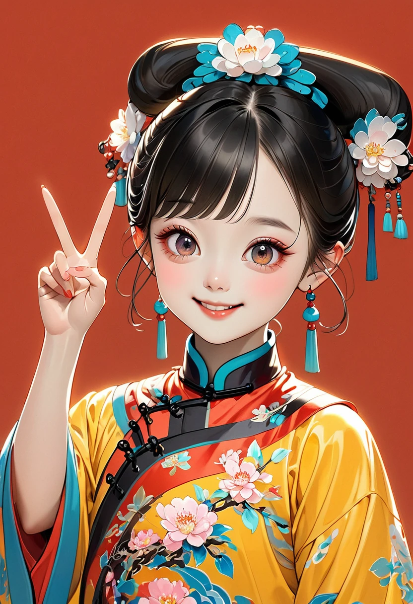 Fine brushwork，Thick coating of the board，Colored pencils，Procreate board drawing beautiful digital art，Clean lines，Beautiful Chinese Qing Dynasty ，Big bright eyes，Exquisite facial features，Smile，happy，Qing Dynasty Clothing，(((V gesture))).Bright colors，High Saturation，Red background