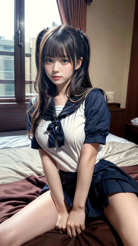 muste piece, best quality, illustration, Super detailed, fine details, High resolution, 8K,wall paper, perfect dynamic composition,(Details High quality, realistic depiction of eyes:1.3), (Sailor Uniform, serafuku, Navy pleated skirt), large breasts,short bob hair, black hair color, Big Natural Color Lip, bold sexy pose, crying a little、cold gaze, Harajuku style、20 year old girl、cute type、lolita、beautiful legs, hotel room, hposing Gravure Idol, woman on top, straddling, sitting)